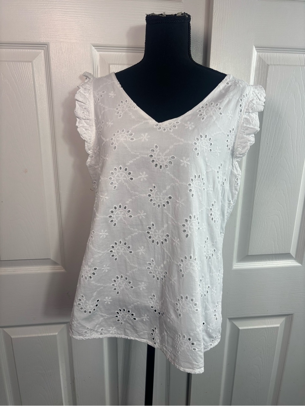 Valentina Naldi Top Womens White Short Ruffle Sleeve Eyelet Lace made in Italy